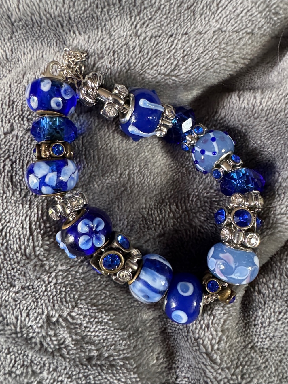 Blue Glass Bead Charm Bracelet - Women's Fashion Jewelry Pandora style